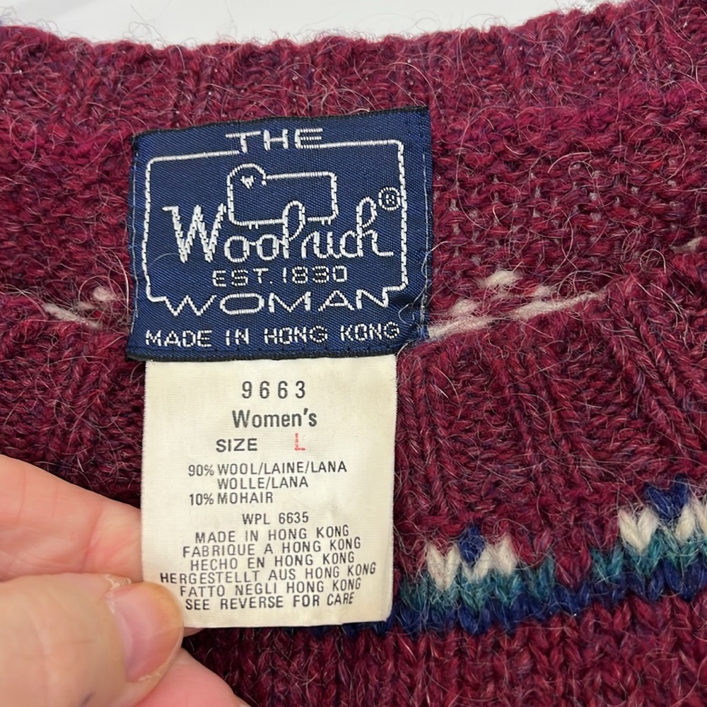 The Woolrich Vintage Large Wool Mohair Maroon Knit Reindeer Fair Isle Sweater - Picture 6 of 10